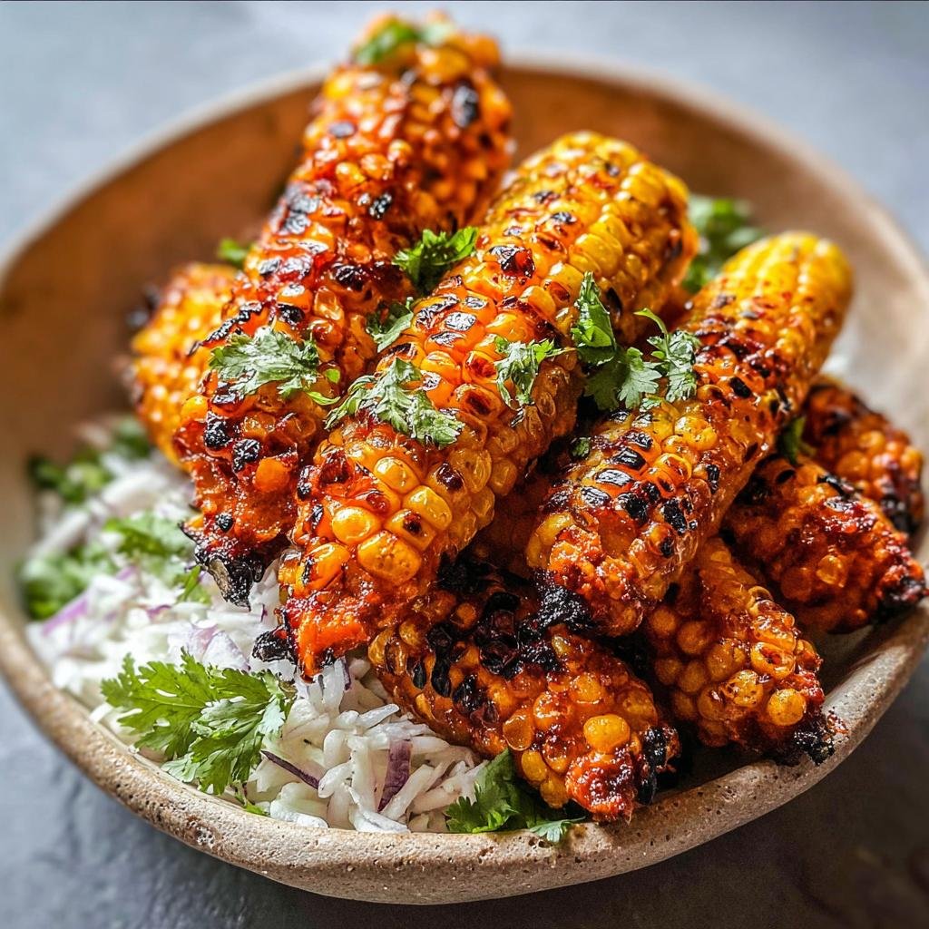 Close-up of grilled corn on the cob, coated in a spicy street corn seasoning, served over rice with cilantro and red onion.