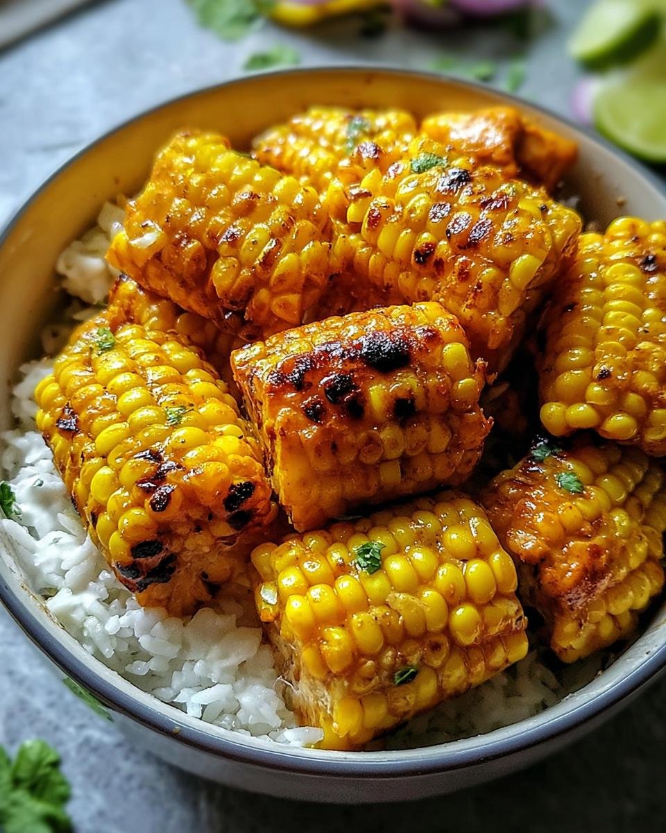 A close-up of a bowl of white rice topped with grilled corn pieces seasoned for Street Corn Chicken Rice.