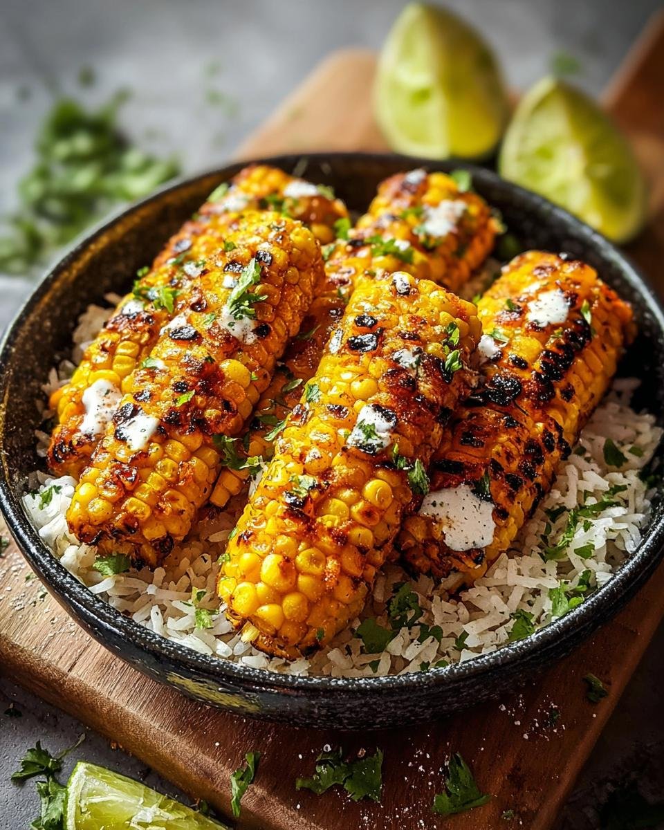 A bowl of fluffy white rice topped with grilled corn on the cob, drizzled with sauce and sprinkled with cilantro. Street Corn Chicken Rice.