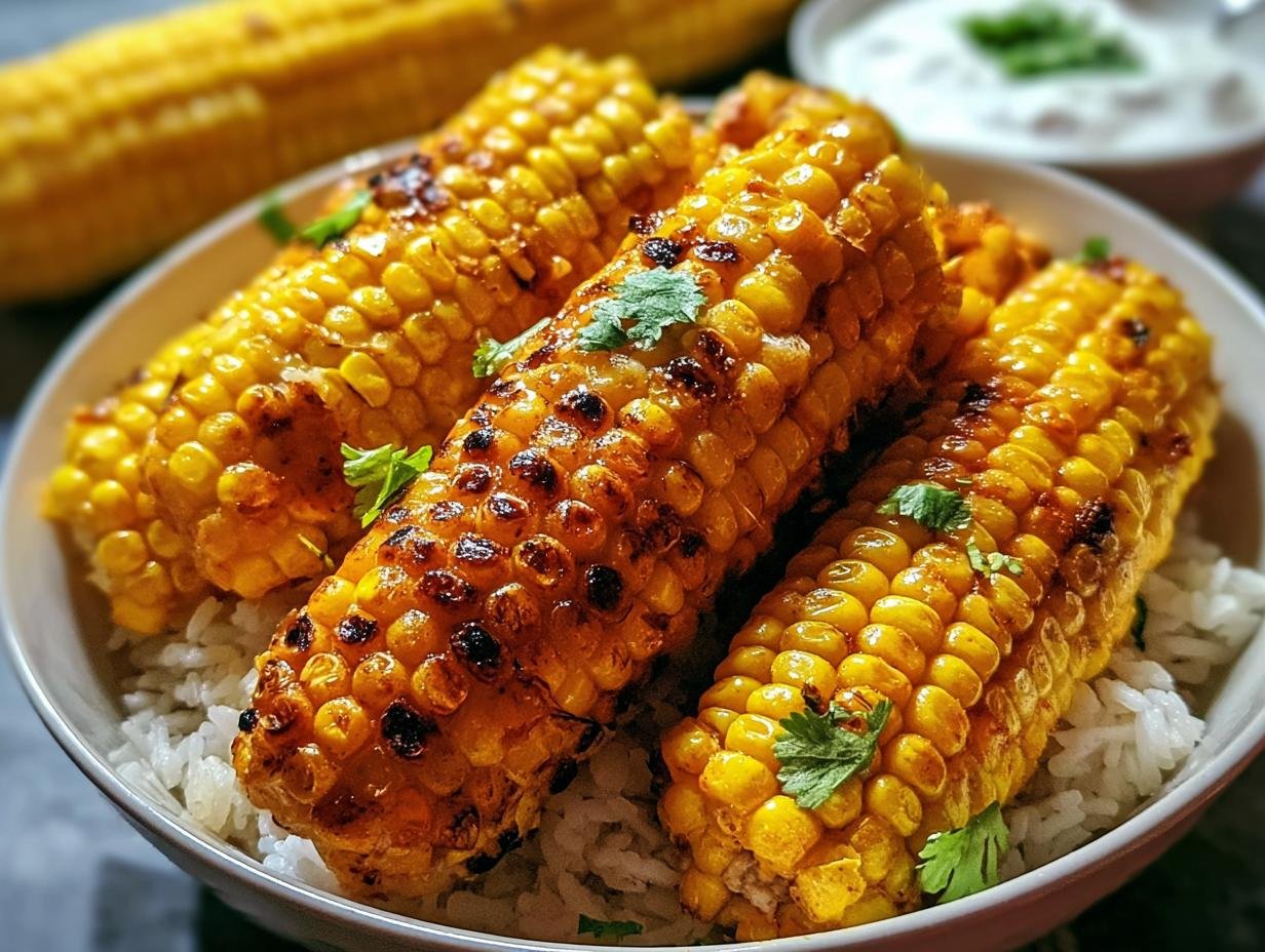 Close-up of grilled corn on the cob, seasoned and garnished with cilantro, served over white rice for Street Corn Chicken Rice.