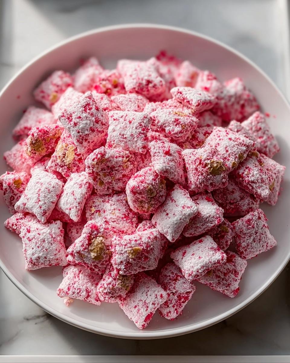 A white bowl filled with Sweet Strawberry Shortcake Puppy Chow, coated in powdered sugar and pink strawberry pieces.
