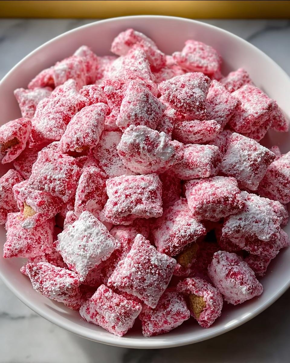 A white bowl filled with Sweet Strawberry Shortcake Puppy Chow, coated in powdered sugar.