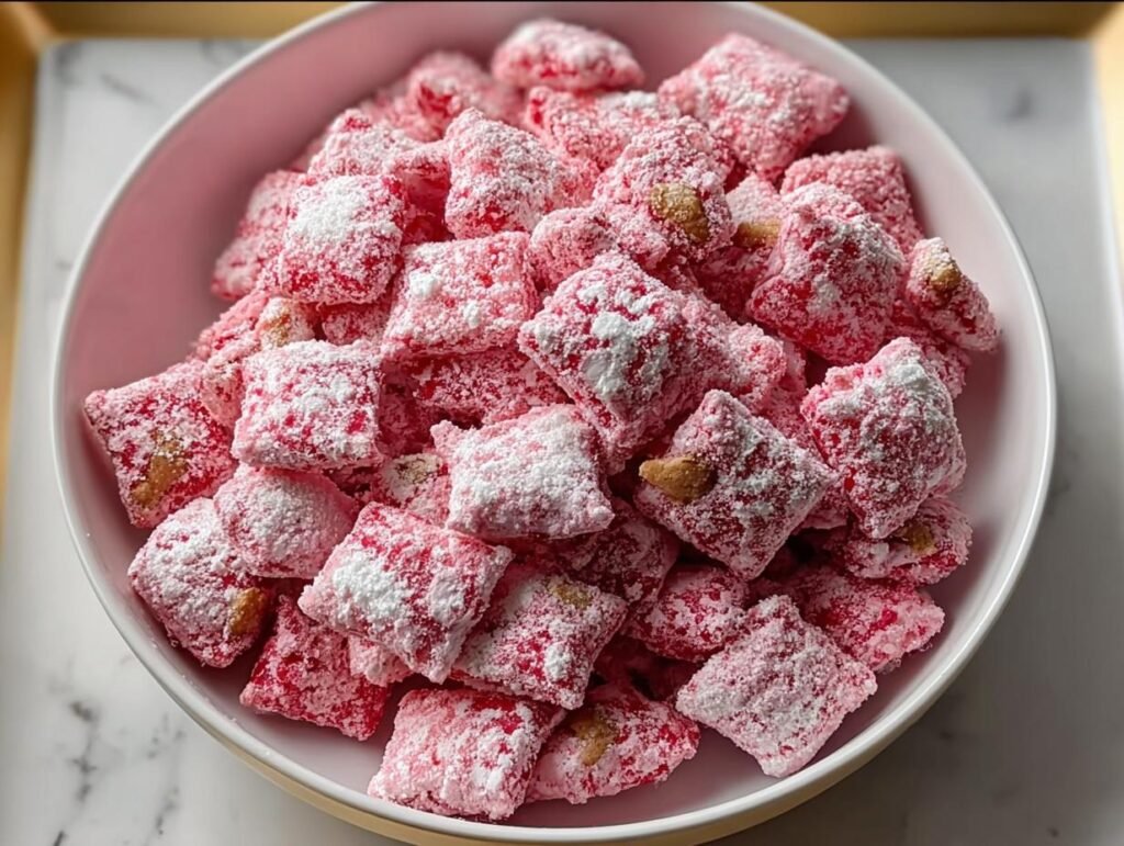 A bowl filled with Sweet Strawberry Shortcake Puppy Chow, coated in pink and white powdered sugar.