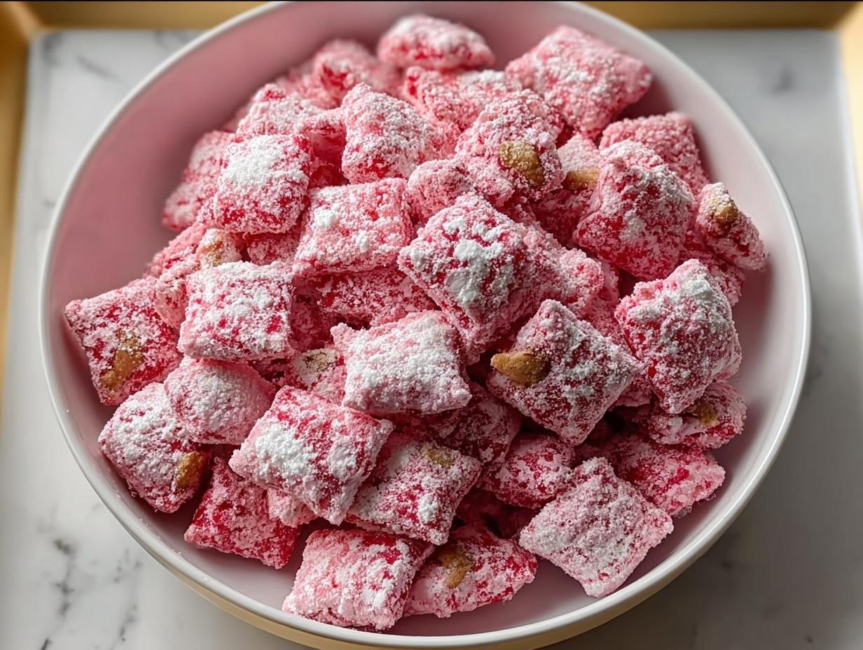 A bowl filled with Sweet Strawberry Shortcake Puppy Chow, coated in pink and white powdered sugar.