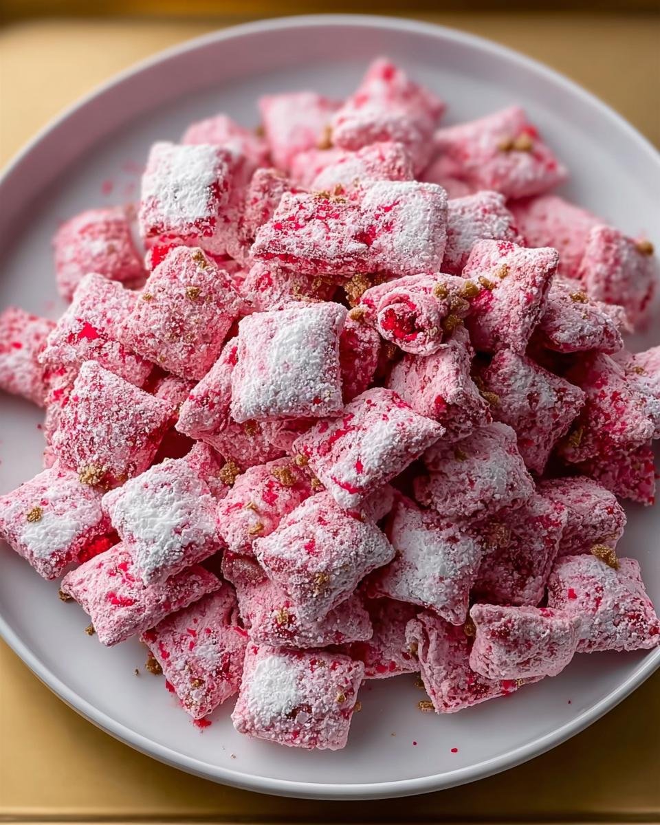 A close-up overhead view of a pile of Sweet Strawberry Shortcake Puppy Chow on a white plate.