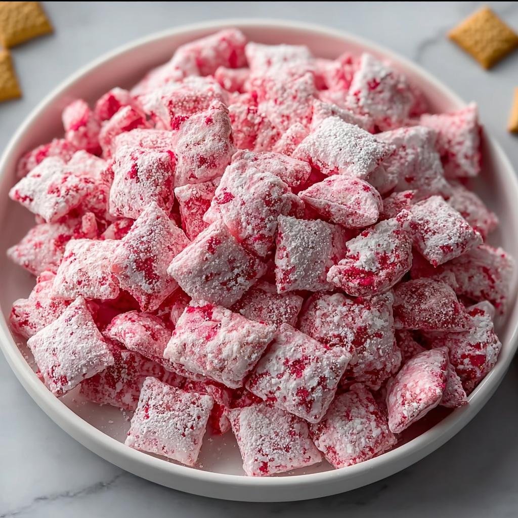 A white bowl filled with Sweet Strawberry Shortcake Puppy Chow, coated in powdered sugar and pink strawberry flavoring.