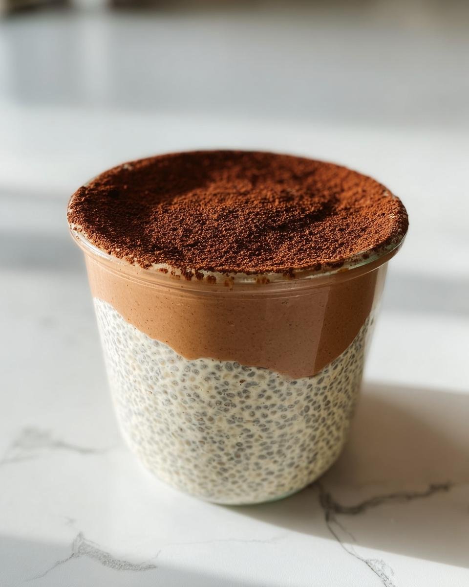 A clear glass jar filled with Tiramisu Chia Pudding, layered with creamy chocolate and topped with cocoa powder.