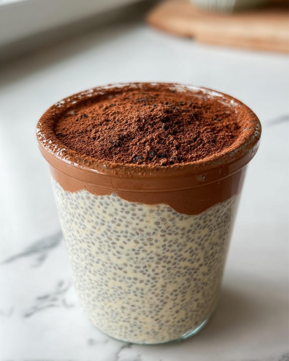 A glass of Tiramisu Chia Pudding topped with a rich chocolate layer and dusted with cocoa powder.