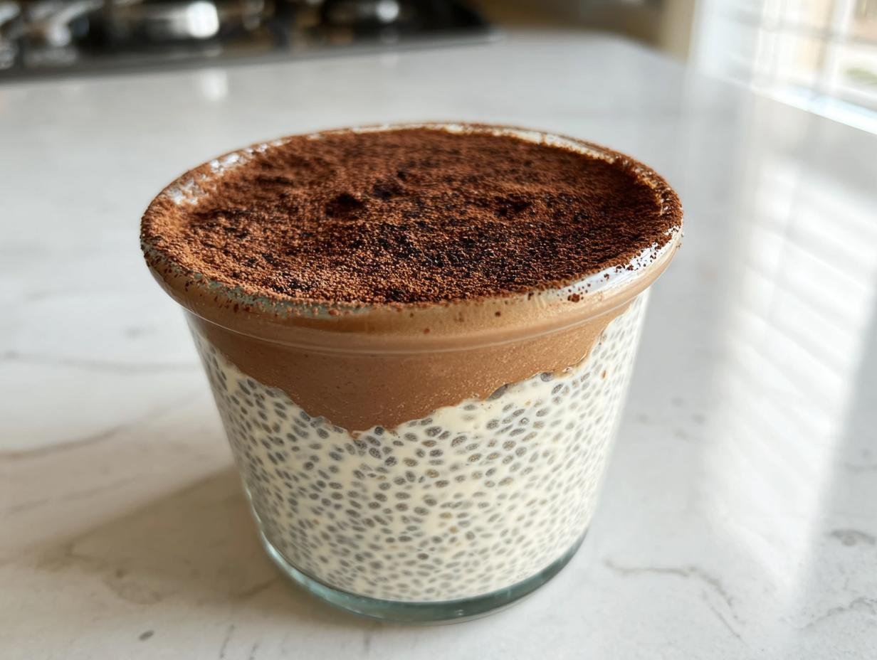 A close-up of a glass filled with Tiramisu Chia Pudding, topped with cocoa powder.