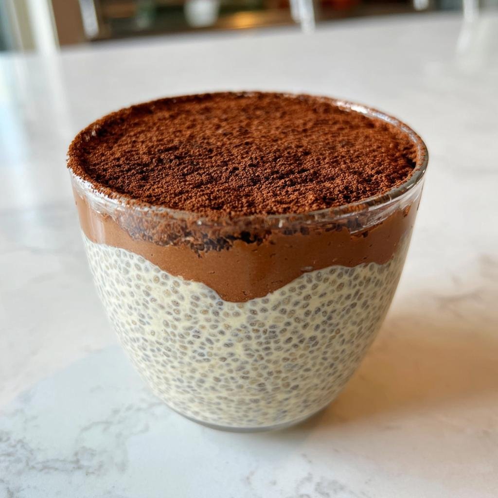 A close-up of Tiramisu Chia Pudding in a glass, layered with creamy chia seeds and topped with chocolate and cocoa powder.