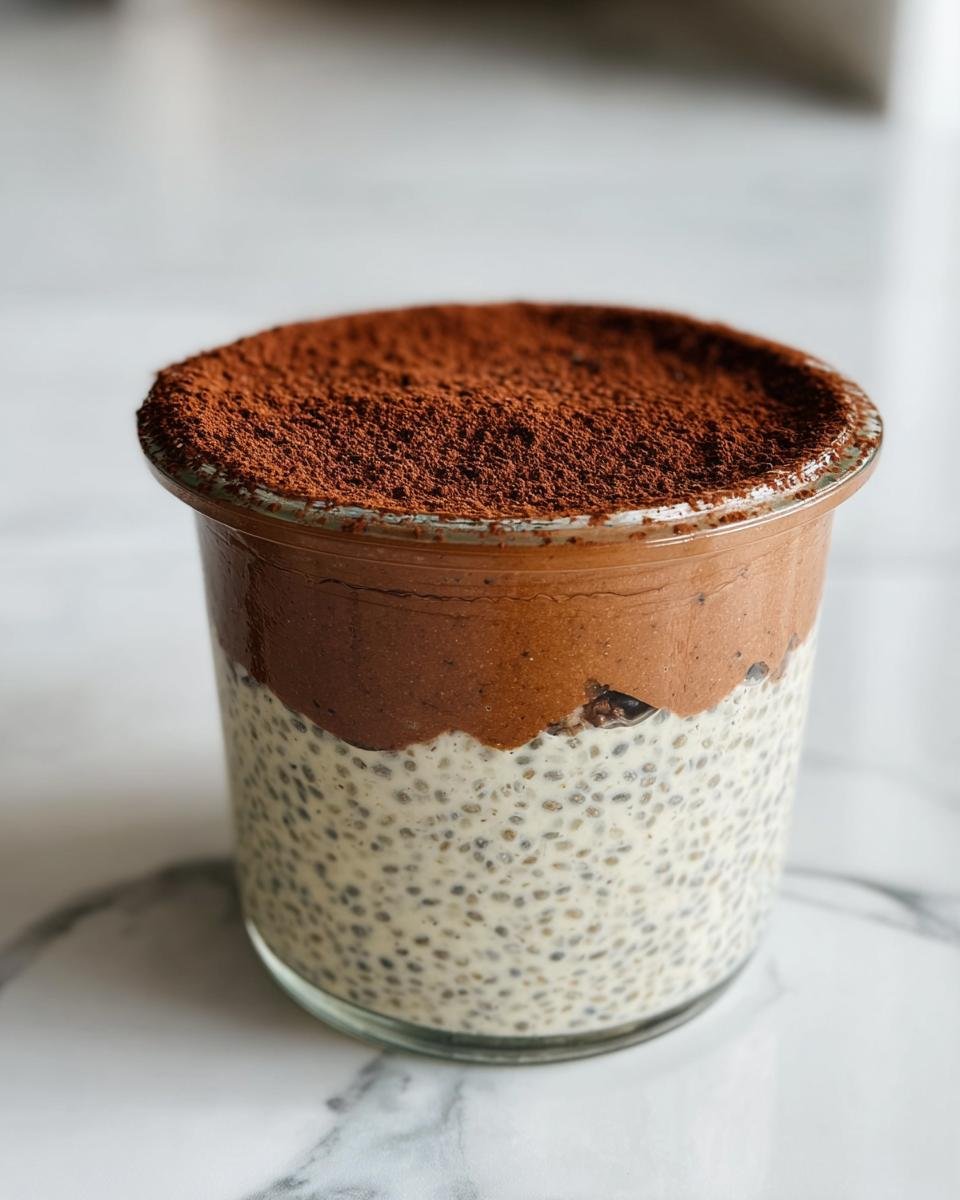 A close-up of Tiramisu Chia Pudding in a glass jar, topped with cocoa powder.