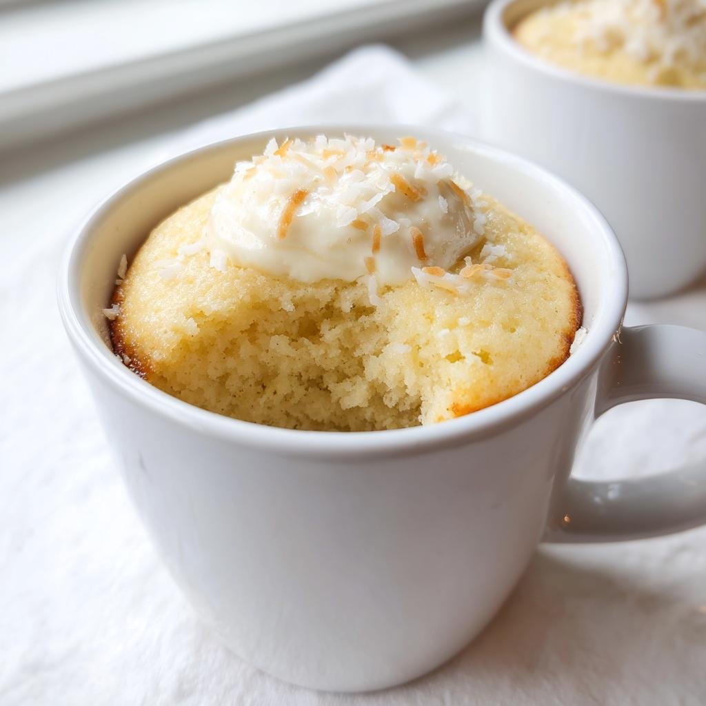 A close-up of a delicious Vanilla Coconut Cottage Cheese Mug Cake in a white mug, topped with frosting and shredded coconut.
