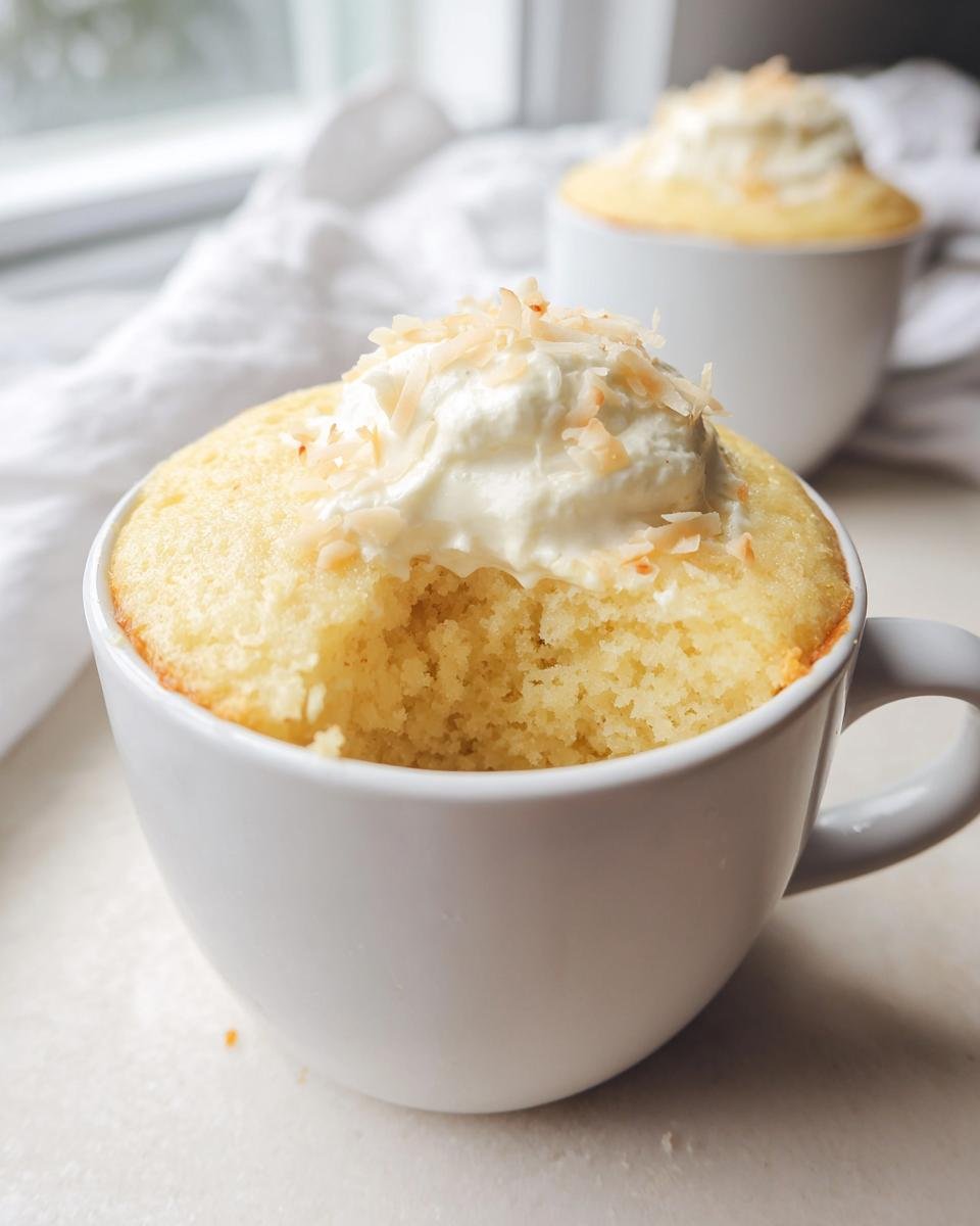A delicious Vanilla Coconut Cottage Cheese Mug Cake topped with whipped cream and toasted coconut flakes.