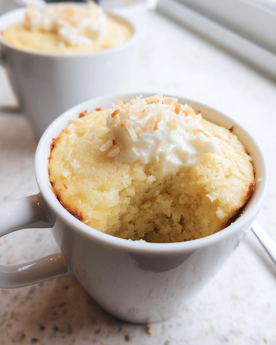 A bite taken out of a Vanilla Coconut Cottage Cheese Mug Cake topped with whipped cream and toasted coconut flakes.