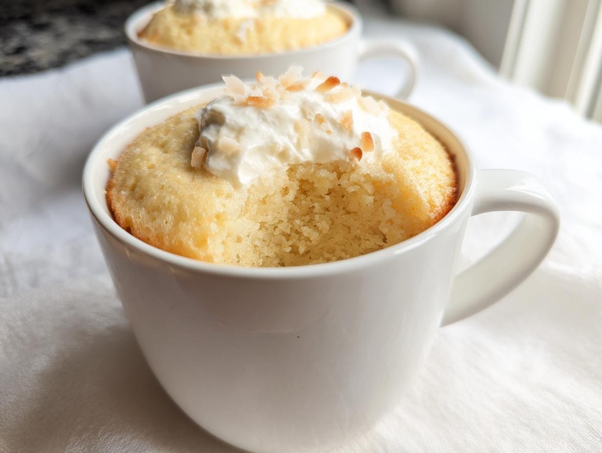 A bite taken out of a delicious Vanilla Coconut Cottage Cheese Mug Cake topped with whipped cream and toasted coconut flakes.