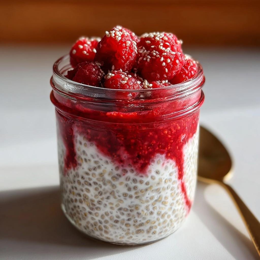 A close-up of a jar filled with Vanilla Raspberry Chia Pudding, topped with fresh raspberries and sesame seeds.