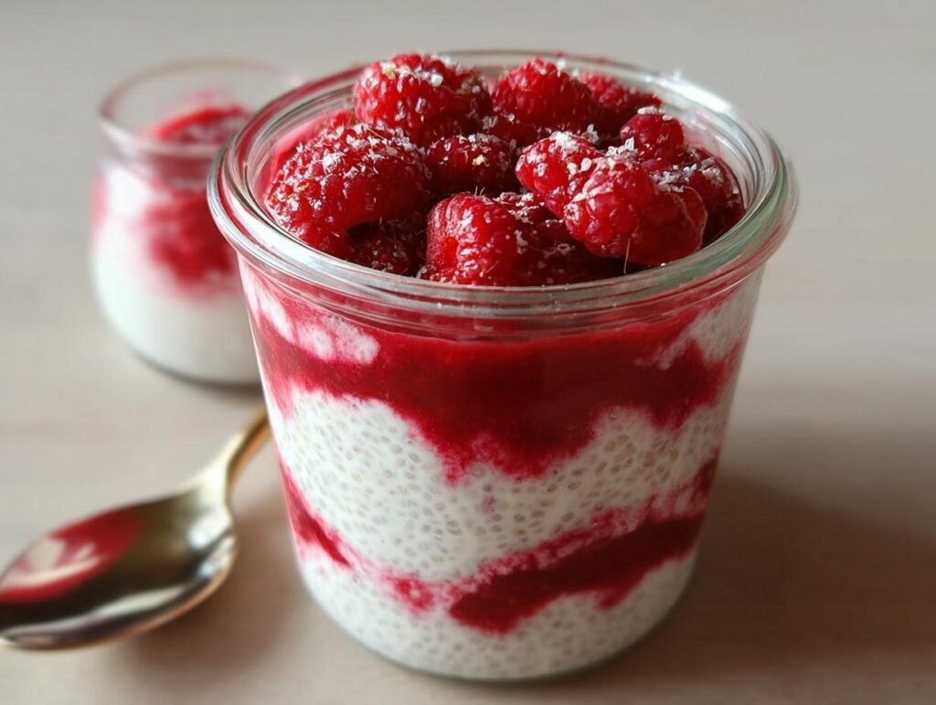 A close-up of a glass jar filled with Vanilla Raspberry Chia Pudding, topped with fresh raspberries and a drizzle of raspberry sauce.