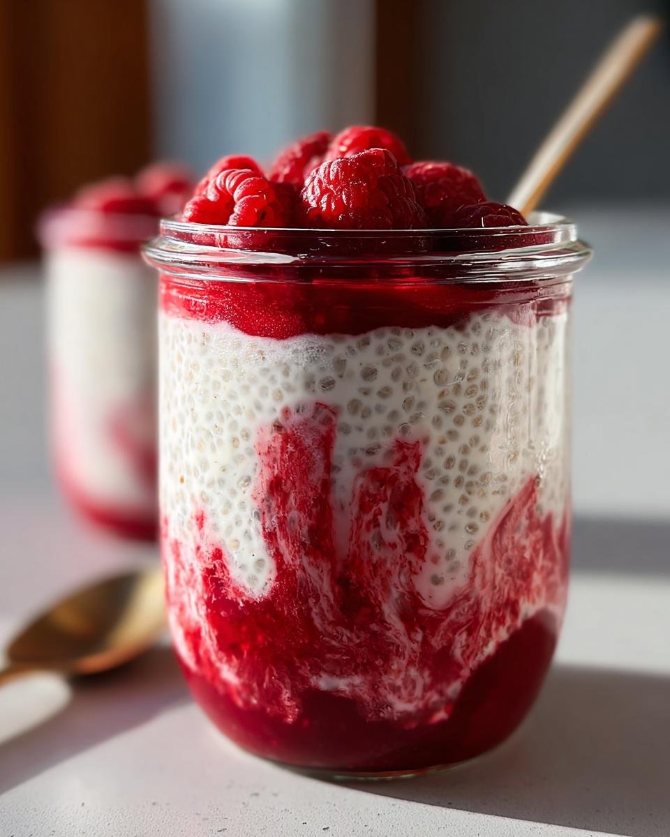 Close-up of a glass jar filled with vanilla raspberry chia pudding, topped with fresh raspberries.