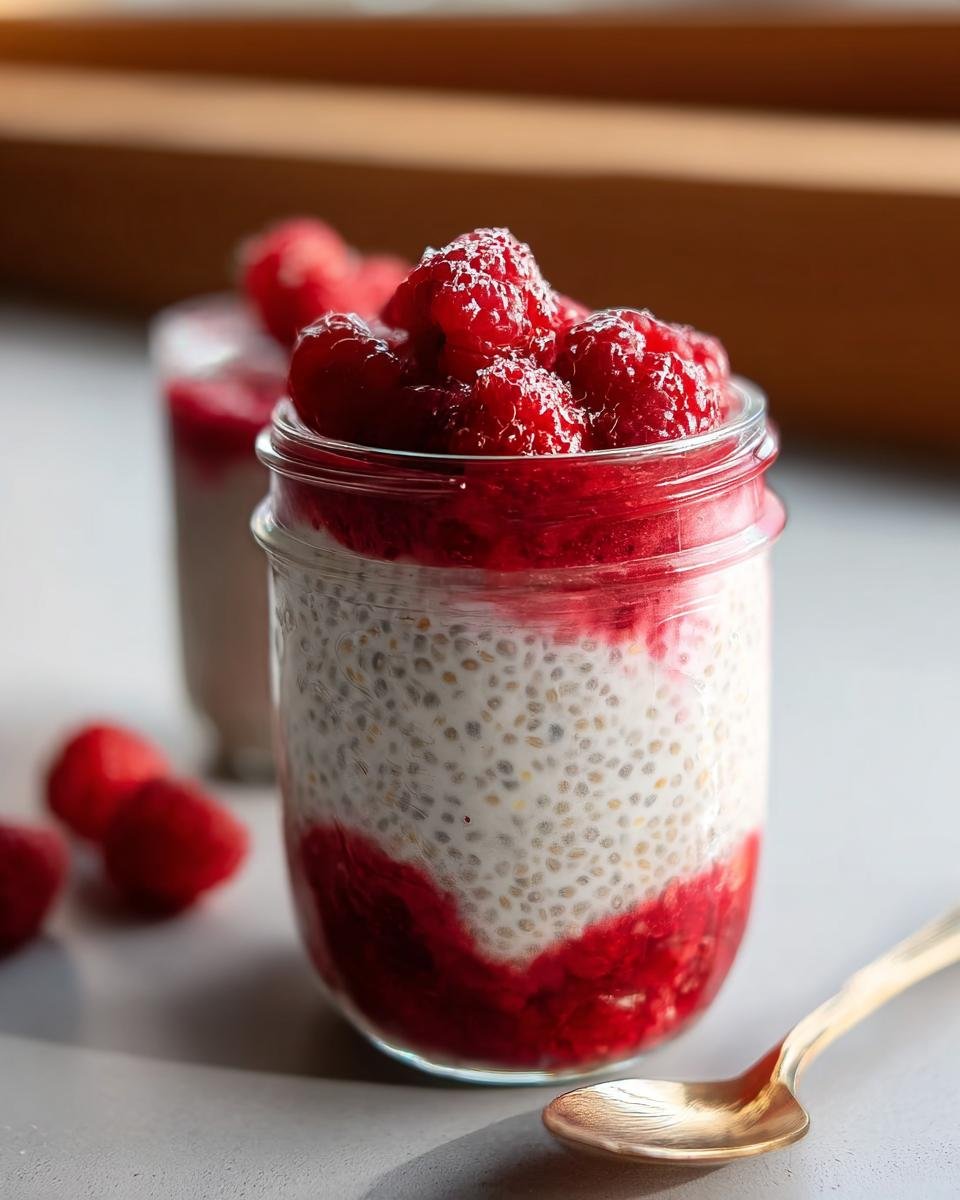 A refreshing Vanilla Raspberry Chia Pudding served in a glass jar, topped with fresh raspberries.