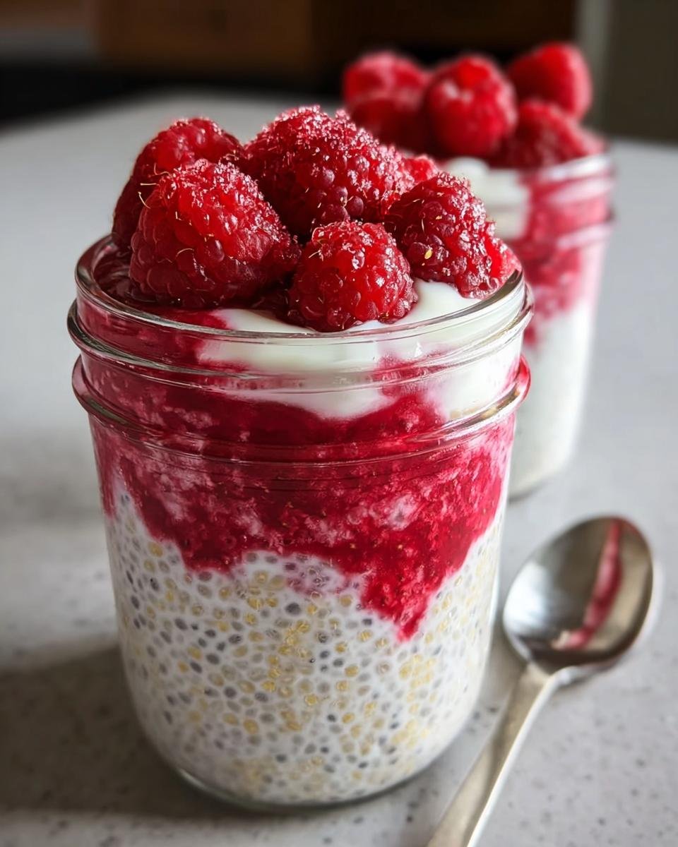 A close-up of Vanilla Raspberry Chia Pudding layered in a glass jar, topped with fresh raspberries and yogurt.