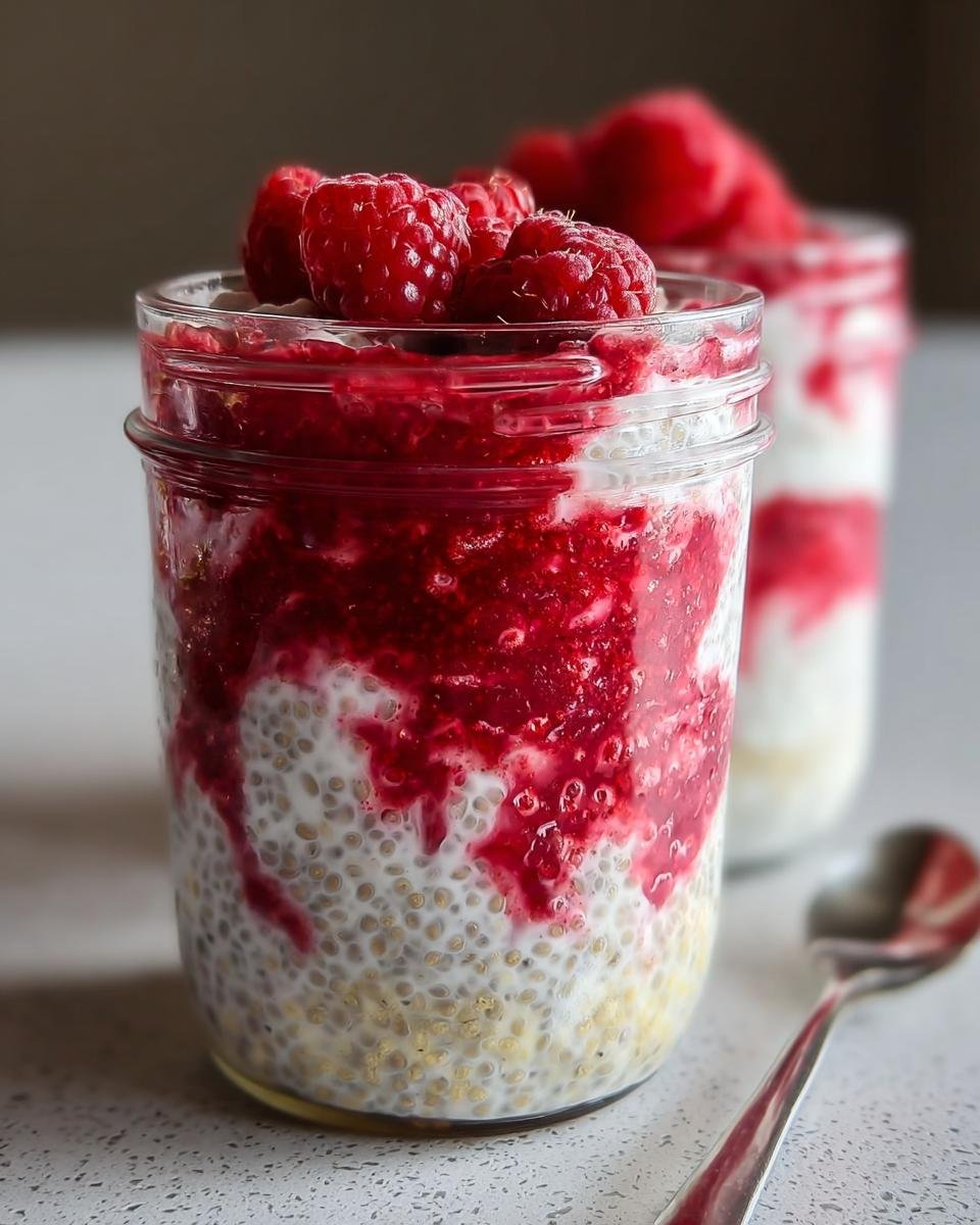 Close-up of a glass jar filled with Vanilla Raspberry Chia Pudding, topped with fresh raspberries.