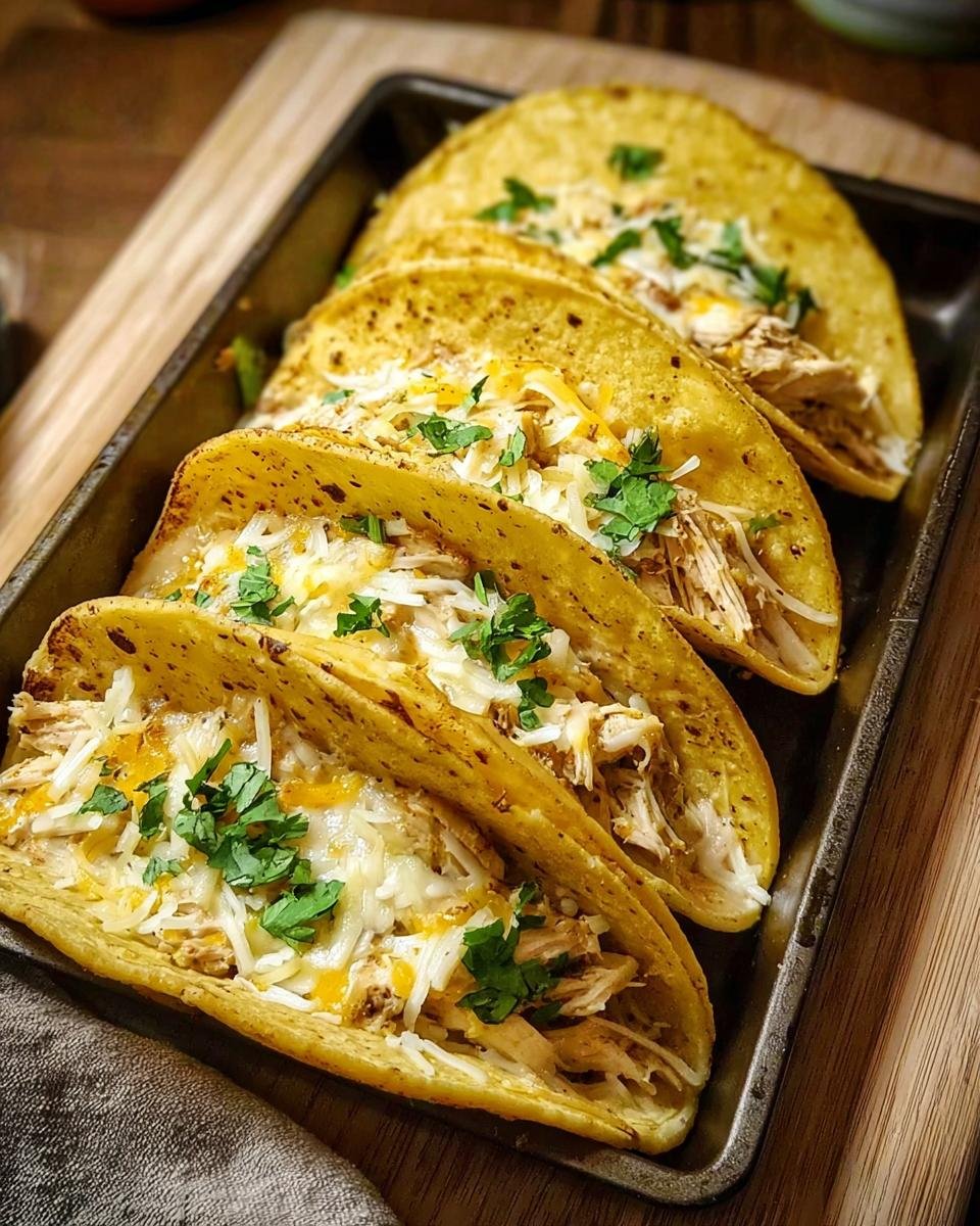 Close-up of four White Chicken Chili Tacos filled with shredded chicken, cheese, and cilantro.