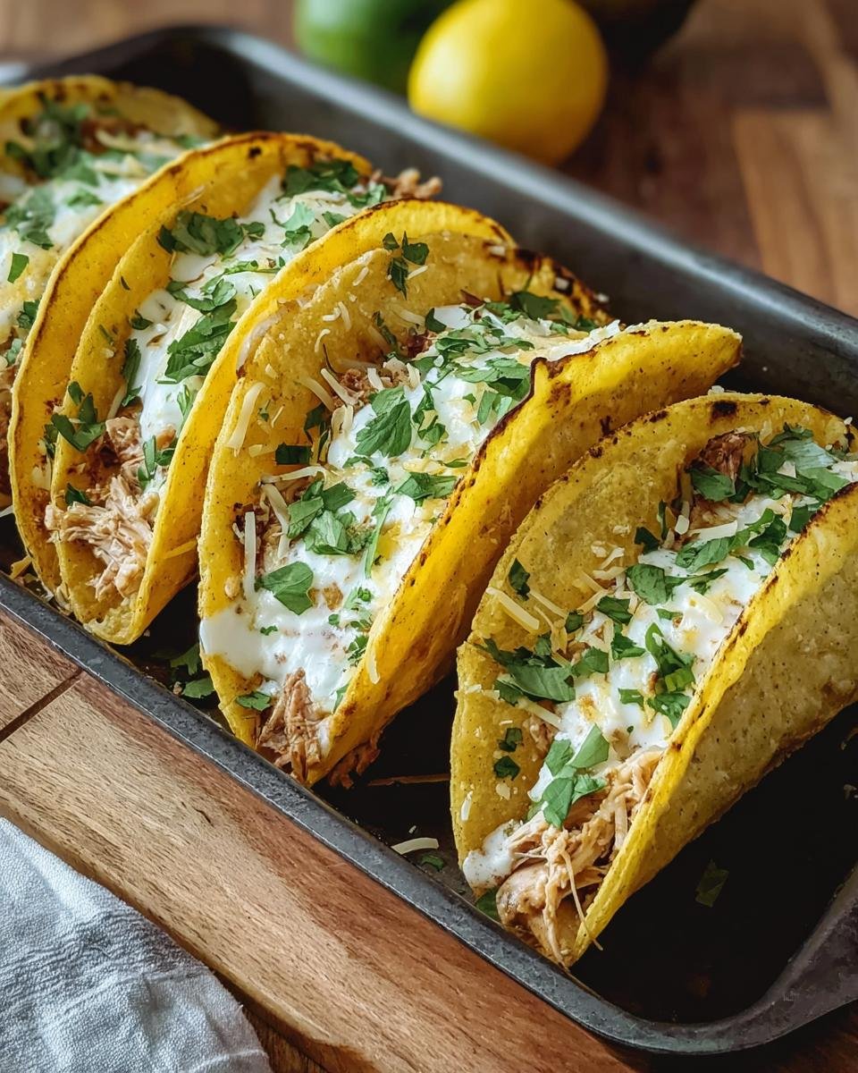 A close-up of several White Chicken Chili Tacos in a baking dish, topped with sour cream, cheese, and cilantro.