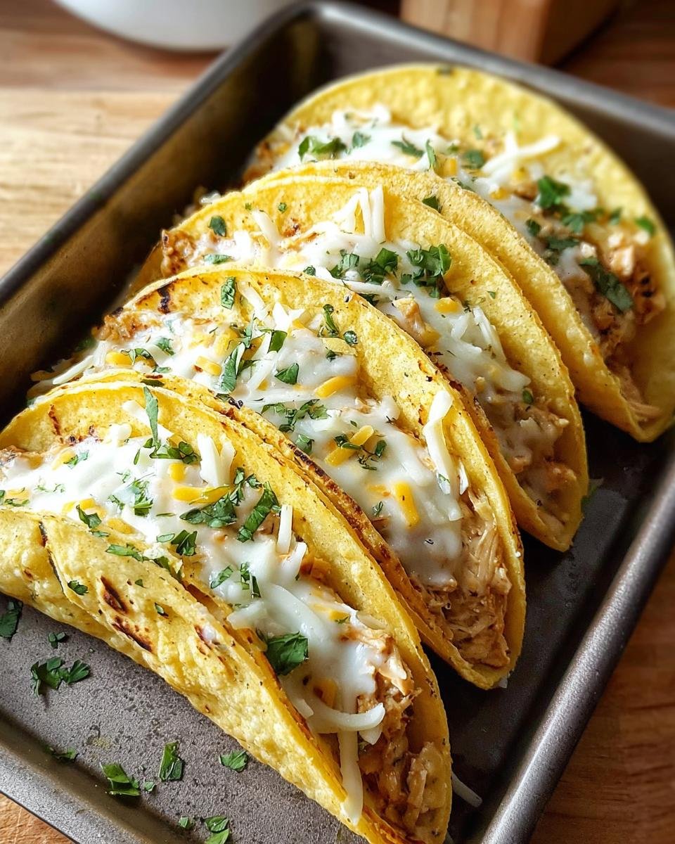 Close-up of four White Chicken Chili Tacos filled with shredded chicken and topped with melted cheese and cilantro.