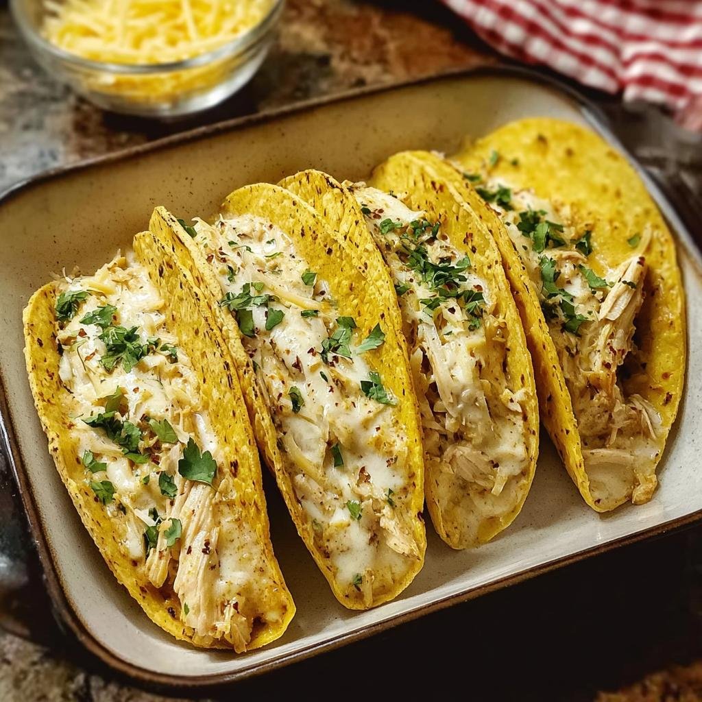 A platter of delicious White Chicken Chili Tacos filled with shredded chicken and melted cheese, topped with fresh parsley.