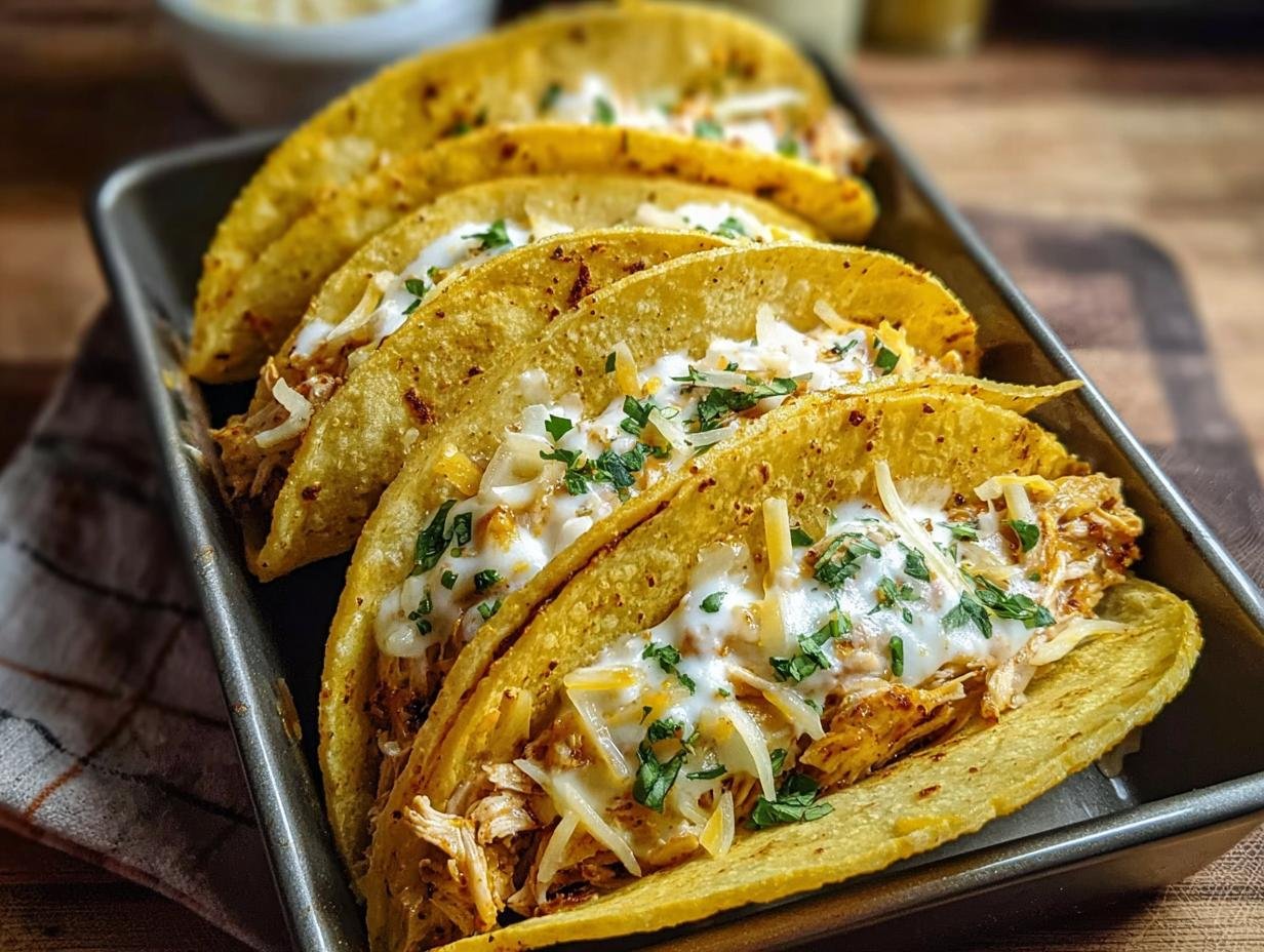 A close-up of several White Chicken Chili Tacos filled with shredded chicken, cheese, and topped with sour cream and cilantro.