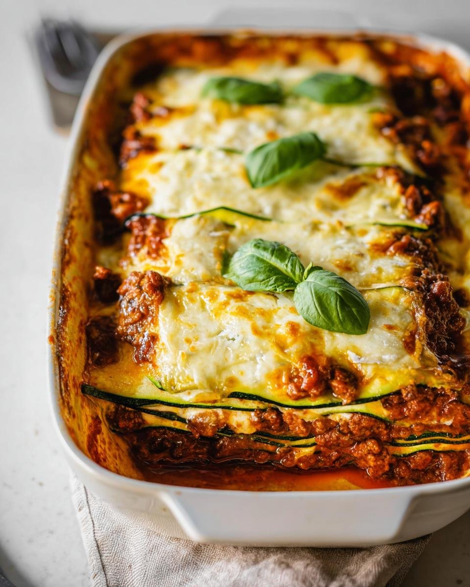 A close-up of a baked Zucchini Lasagna Recipe in a white baking dish, topped with melted cheese and basil.