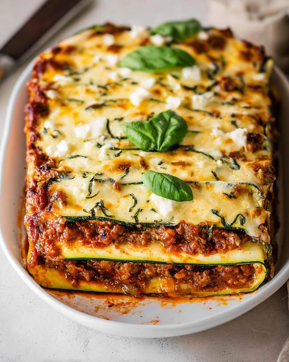 A close-up shot of a freshly baked Zucchini Lasagna Recipe in a white baking dish, topped with melted cheese and basil.