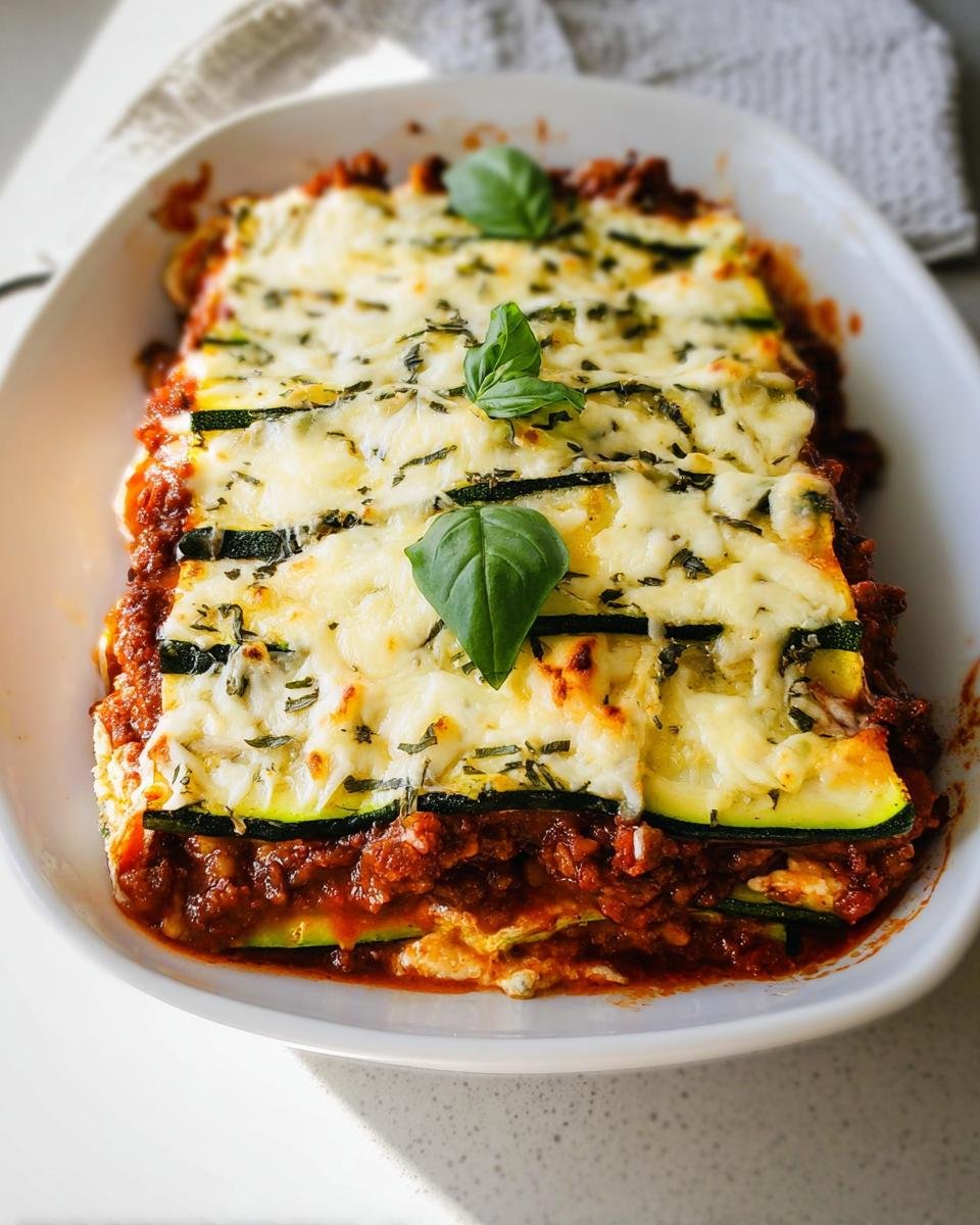 A freshly baked Zucchini Lasagna Recipe in a white baking dish, topped with melted cheese and basil.
