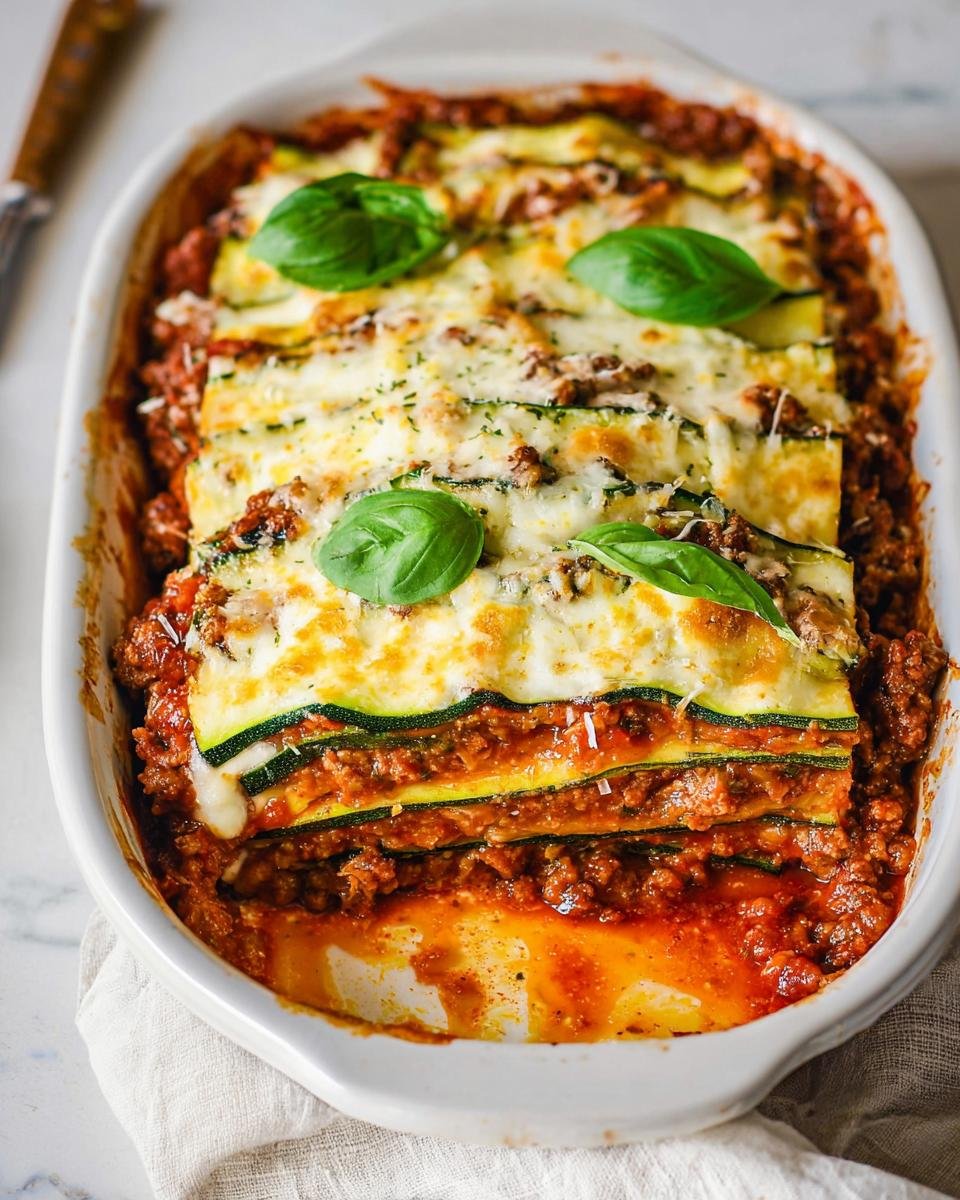 A close-up of a freshly baked Zucchini Lasagna Recipe in a white baking dish, topped with melted cheese and fresh basil.