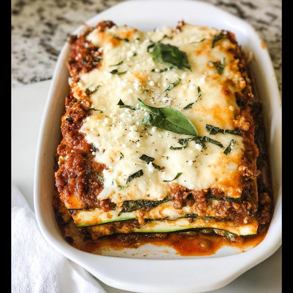 A close-up of a freshly baked Zucchini Lasagna Recipe in a white baking dish, topped with melted cheese and basil.