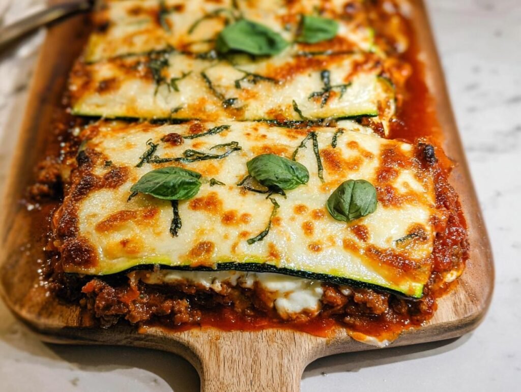 A close-up of a slice of Zucchini Lasagna Recipe, featuring layers of zucchini, meat sauce, and melted cheese, garnished with basil.